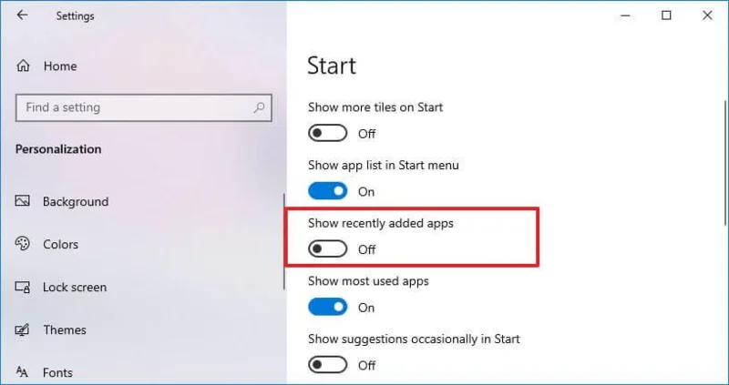 How to hide recently added apps list from Start menu on Windows 10