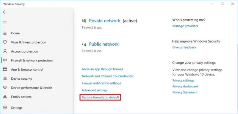 How to reset firewall settings on Windows 10