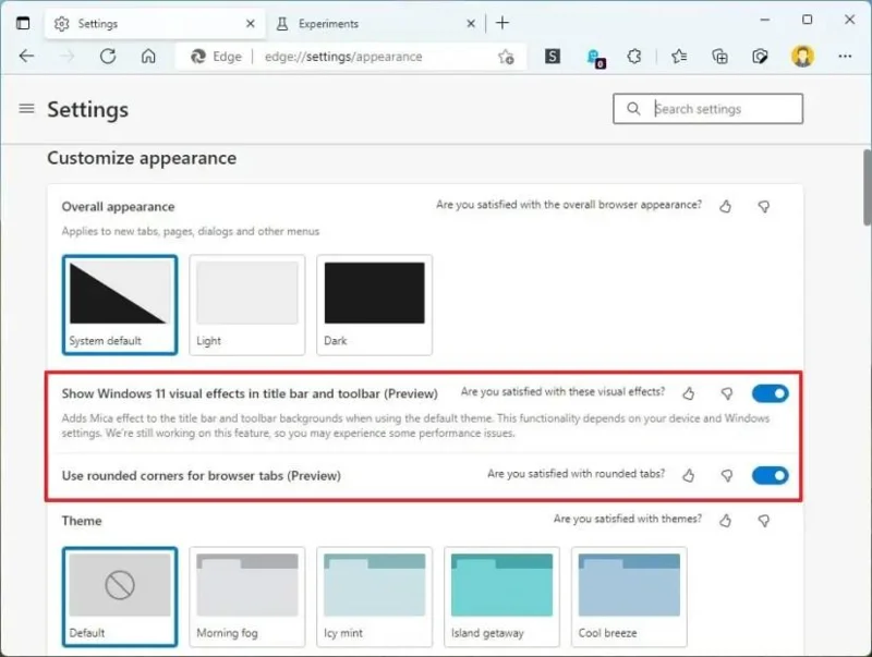 How to enable tabs blur and rounded corners on Microsoft Edge