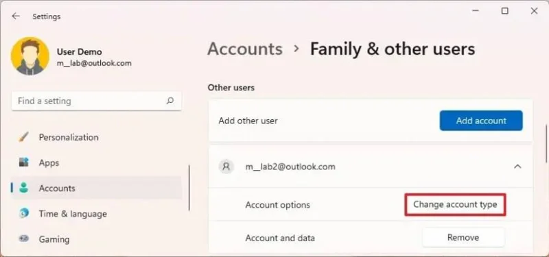 How to change account type to administrator on Windows 11