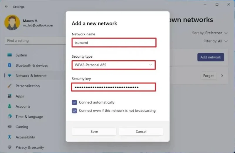 Adăugarea unei conexiuni Wi-Fi pe Windows 11