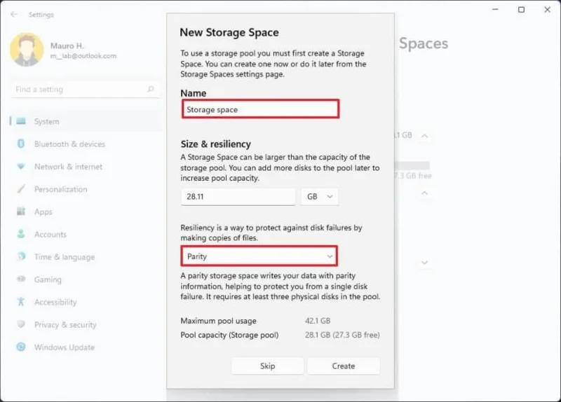 How to create parity volume with Storage Spaces in Settings on Windows 11