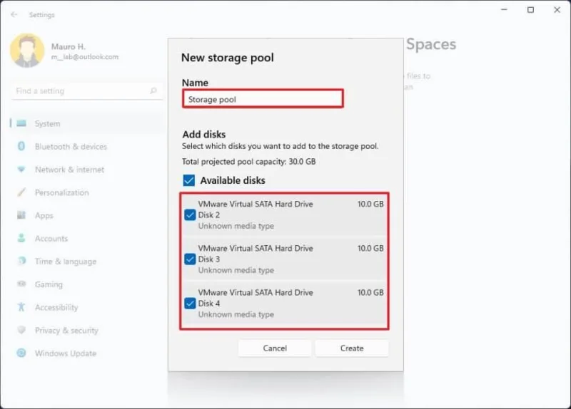 How to create parity volume with Storage Spaces in Settings on Windows 11