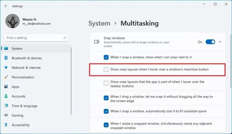 How to enable or disable Snap layouts in maximize button on Windows 11