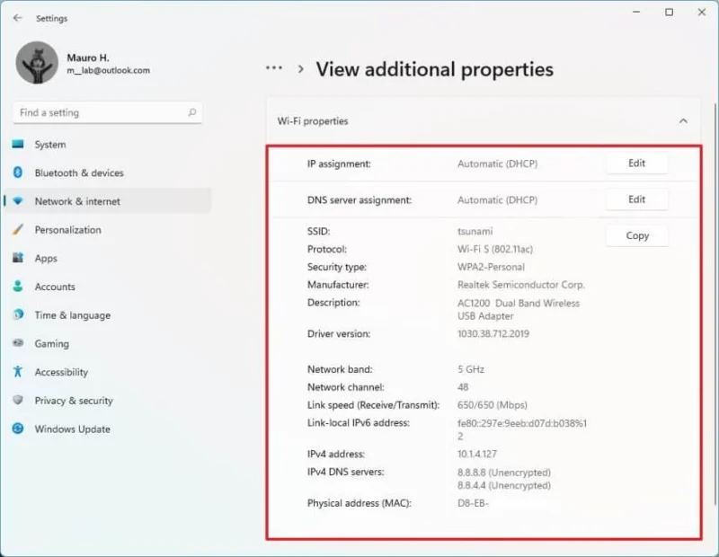 Propiedades de WiFi en Windows 11
