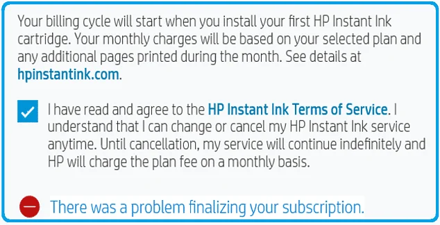 Encre HP : un problème est survenu lors de la finalisation de votre abonnement