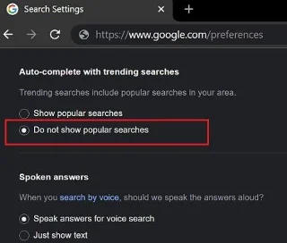 Désactivation des recherches tendances