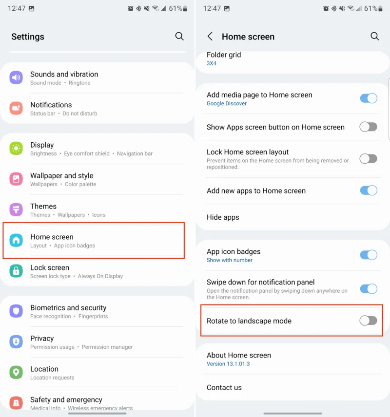 Galaxy S22 : gérer la rotation de l'écran d'accueil