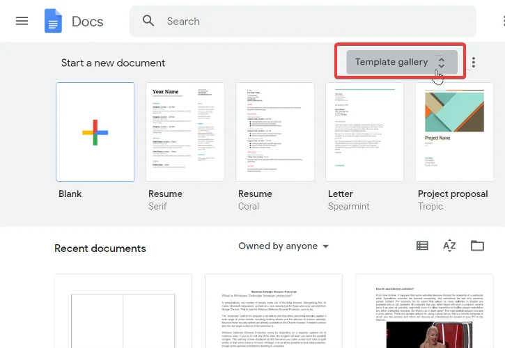 Accéder à la galerie de modèles dans Google Docs