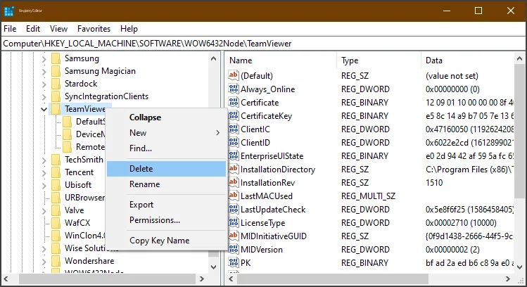 Usunięcie kluczy rejestru TeamViewer
