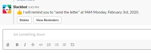 Confirmation de rappel dans Slack