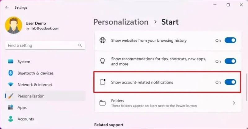 วิธีปิดการใช้งานการแจ้งเตือนบัญชีเมนู Start ใน Windows 11 23H2