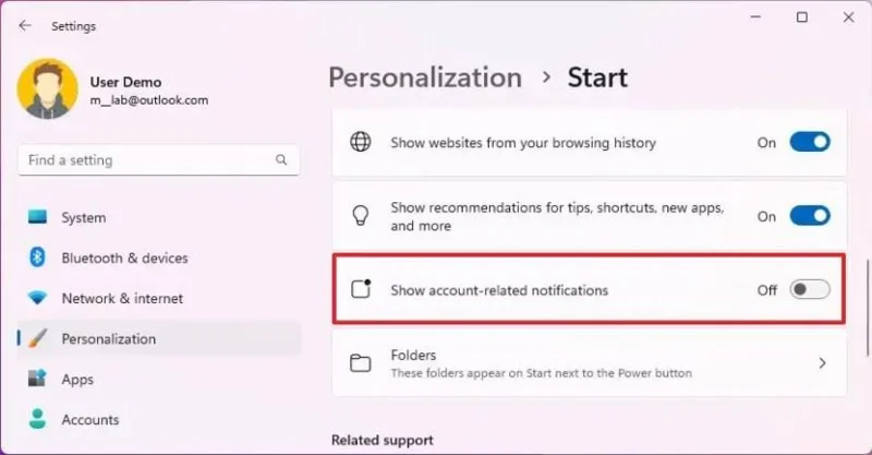 วิธีปิดการใช้งานการแจ้งเตือนบัญชีเมนู Start ใน Windows 11 23H2