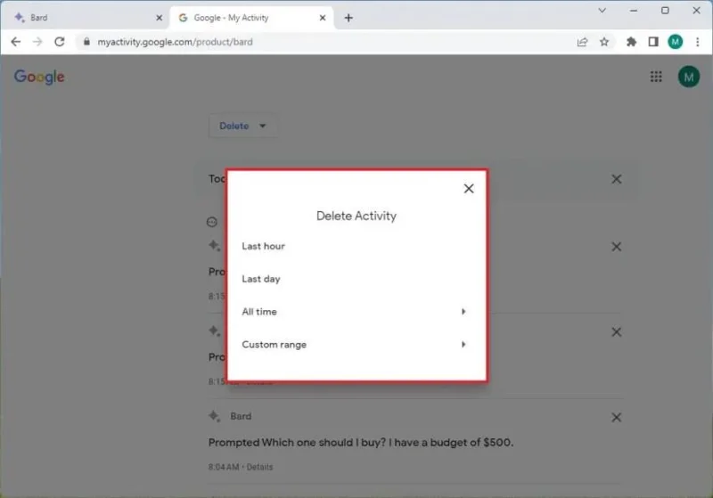 Google Bard AI のアクティビティ履歴をクリアする方法