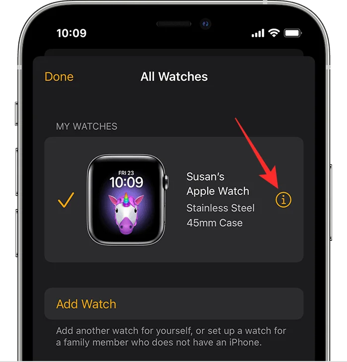 Apple Watch의 "i" 아이콘은 어디에 있습니까?