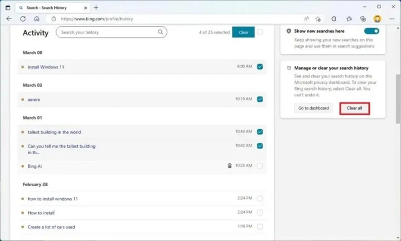 วิธีล้างประวัติการค้นหา Bing Chat AI