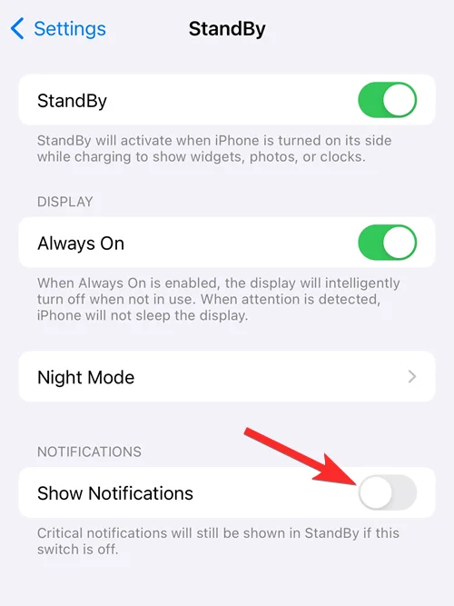 iOS 17이 설치된 iPhone의 대기 모드에서 알림을 활성화 또는 비활성화하는 방법