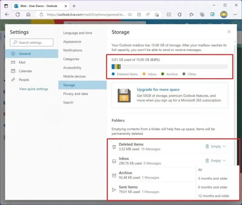 วิธีตรวจสอบการใช้พื้นที่เก็บข้อมูลกล่องจดหมาย Outlook