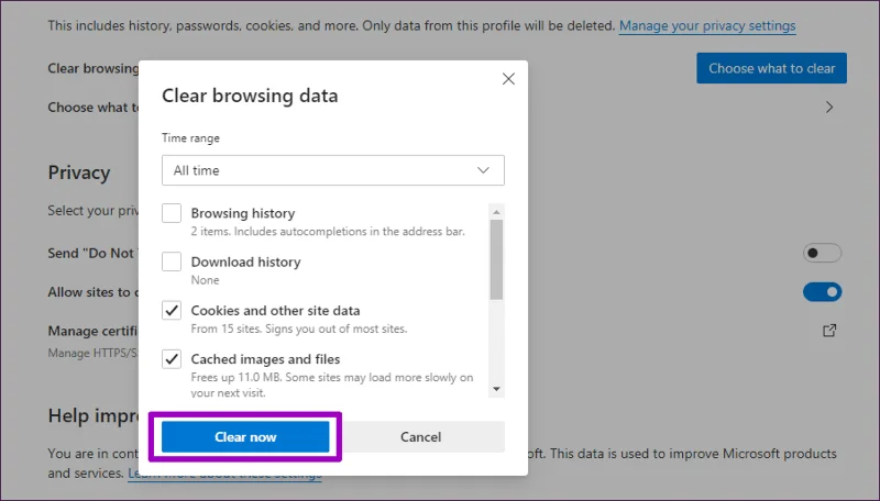 วิธีล้างแคชและคุกกี้บน Microsoft Edge