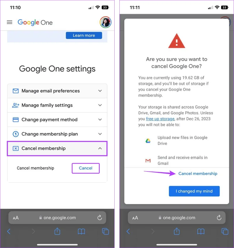 Cosa succede quando annulli un abbonamento a Google One