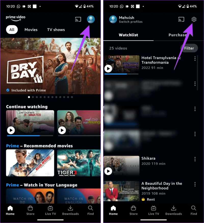 Paramètres de compte sur Prime Video Mobile