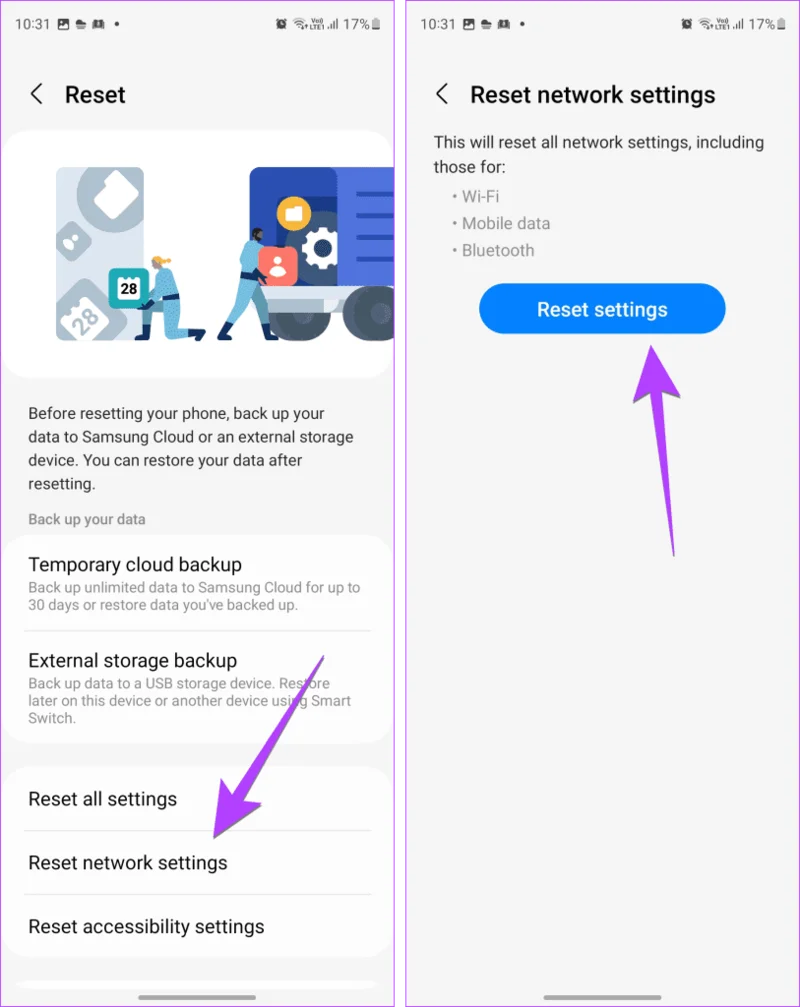 إعادة ضبط إعدادات الشبكة على Samsung