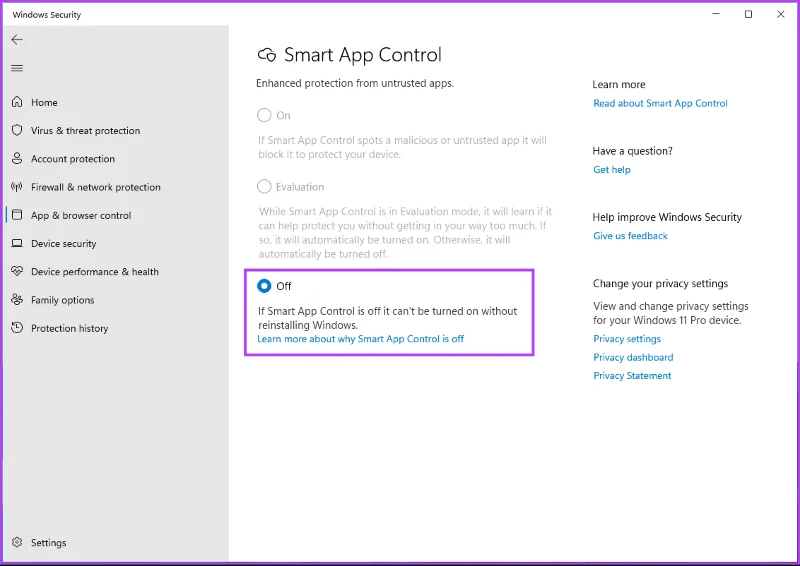 Cómo habilitar o deshabilitar el control de aplicaciones inteligentes en Windows 11