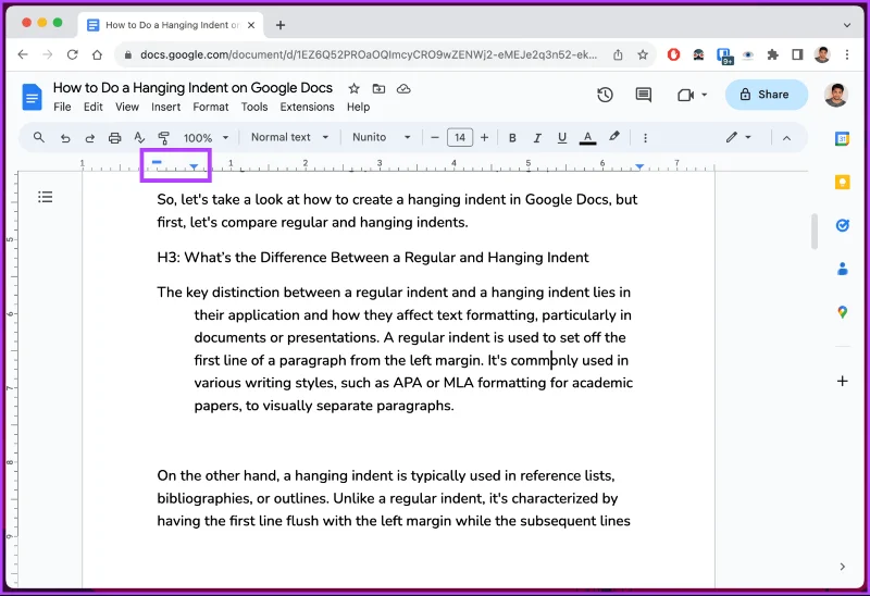 Comment faire un retrait suspendu sur Google Docs
