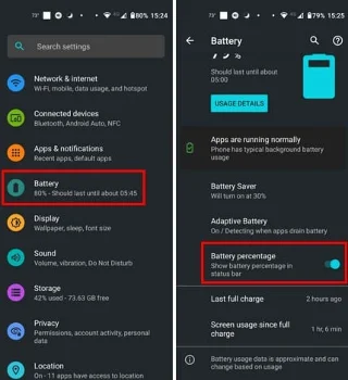 Cum să activați procentul bateriei în bara de stare Android