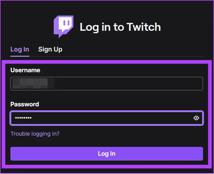 Saisir identifiants Twitch