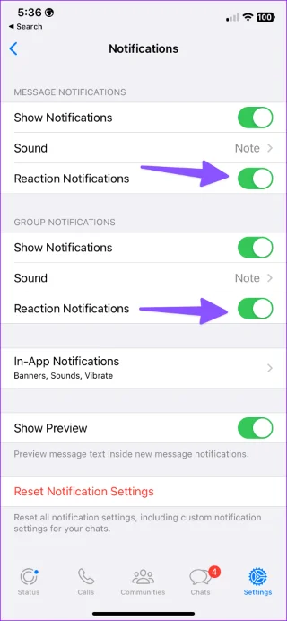 Comment désactiver les notifications de réactions sur WhatsApp