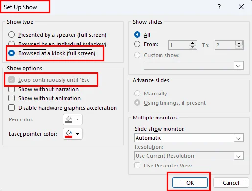 在 PowerPoint 365 中启用自动亭展示模式