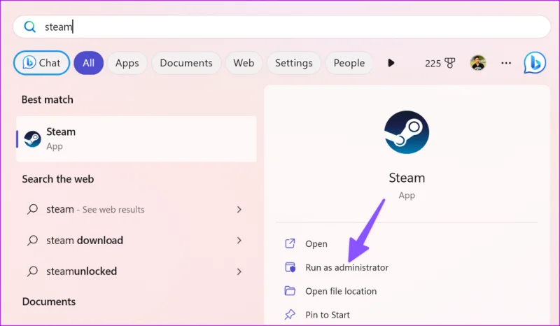 เรียกใช้ Steam ด้วยสิทธิ์ผู้ดูแลระบบ