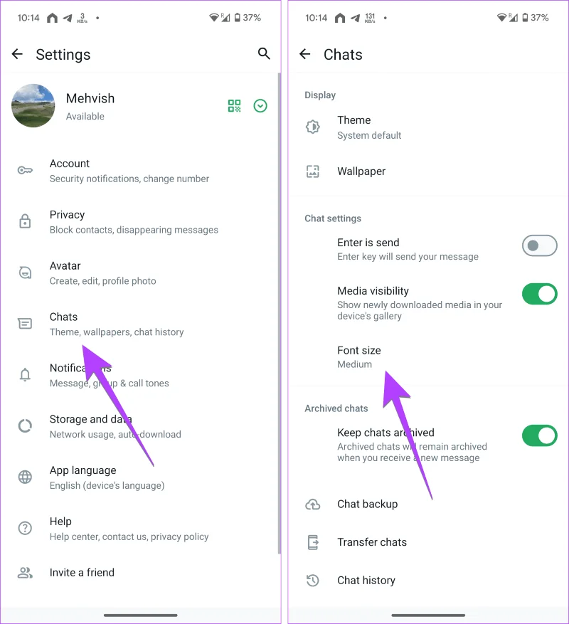 WhatsApp Schriftgrößeneinstellungen