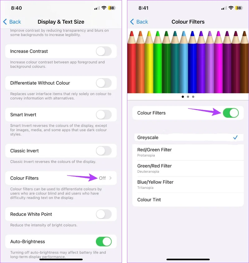 Paramètres de filtres de couleur de l'iPhone