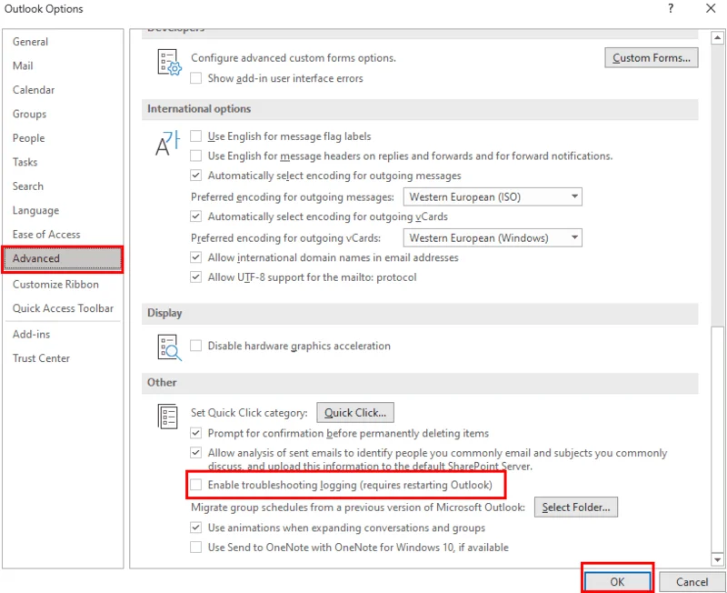 Activar o desactivar el registro global en Microsoft Outlook 365