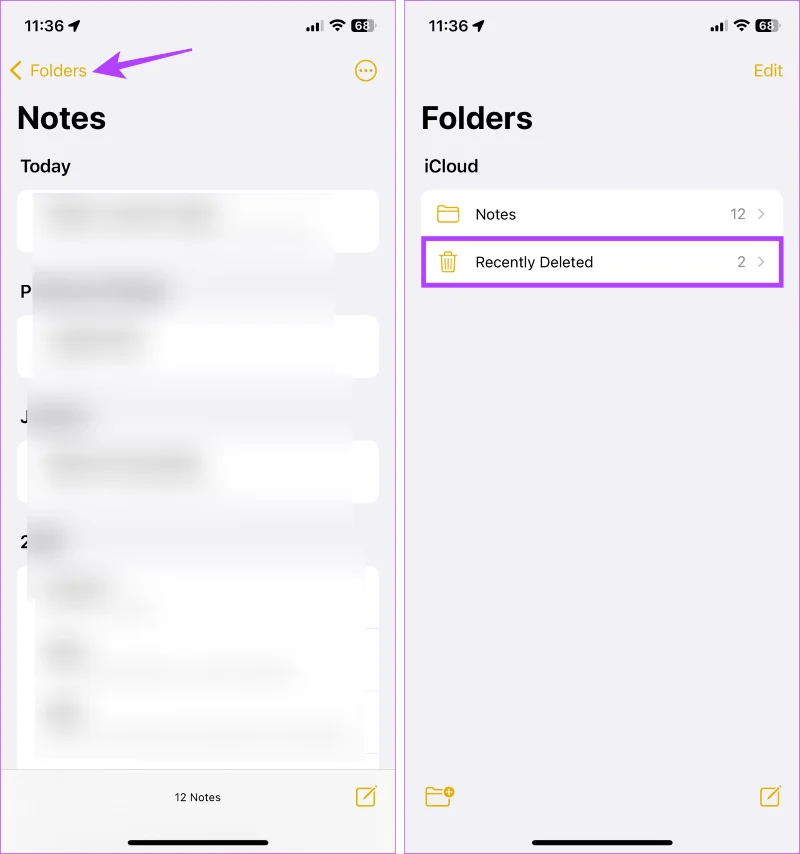 Corrbeille dans l'application Notes