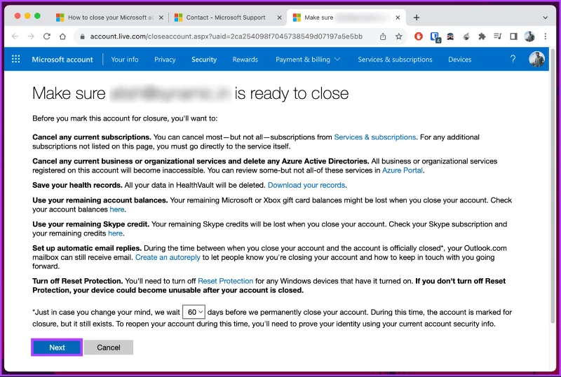 Fermer le compte Microsoft