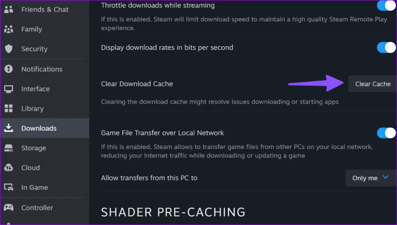 ล้างแคชดาวน์โหลด Steam