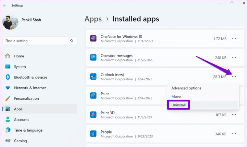 Odinstalowanie nowej aplikacji Outlook