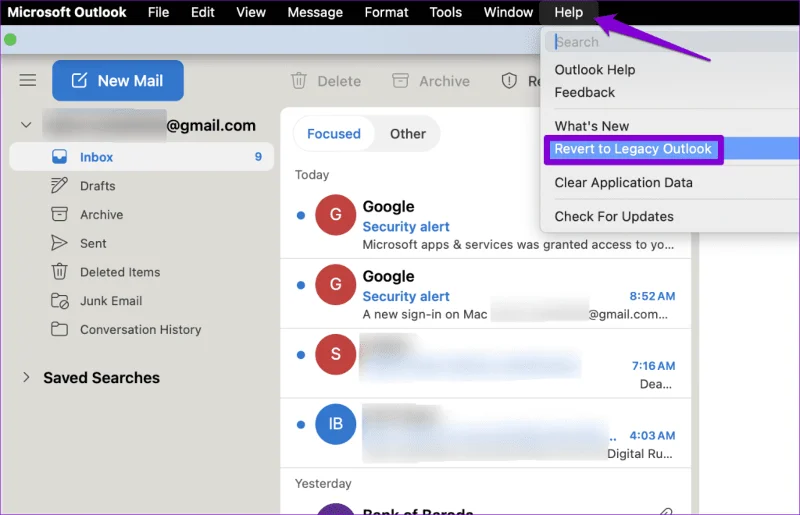 Opciones de volver a Outlook heredado