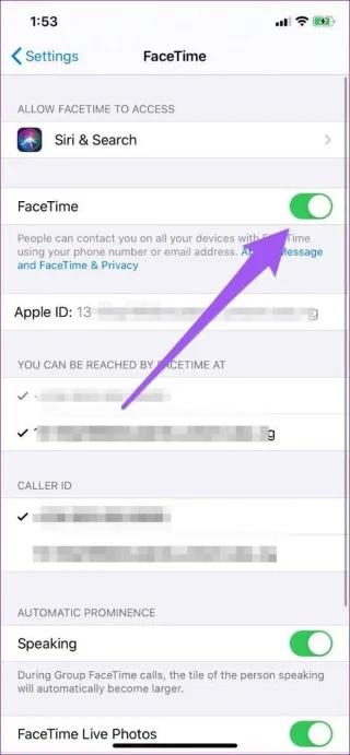 FaceTimeのトグル設定