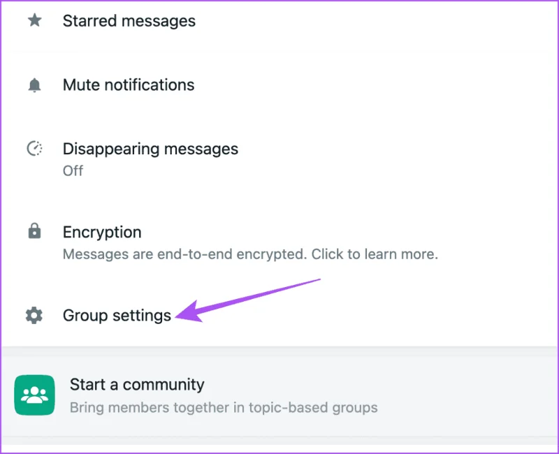 Paramètres du groupe sur desktop