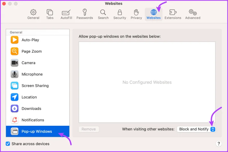 Hoe Safari Pop-up Blocker op Mac in of uit te schakelen