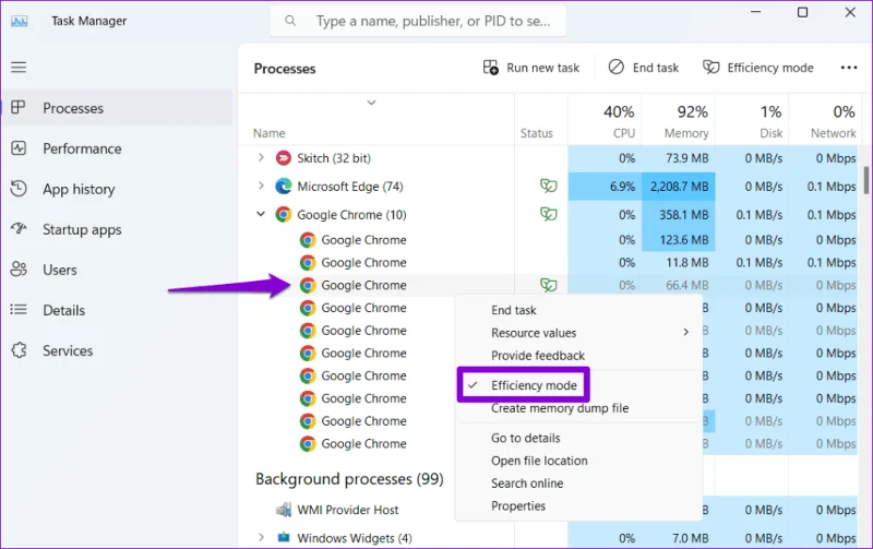 Comment désactiver le mode efficacité pour Google Chrome sous Windows 11