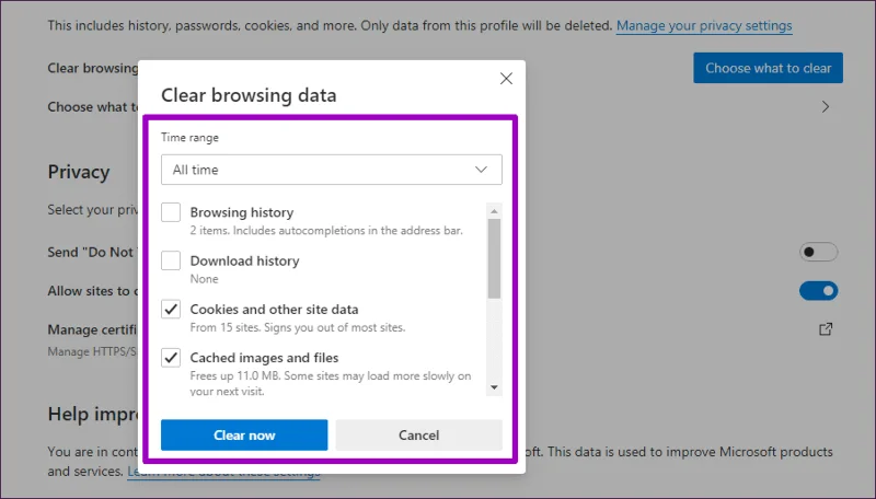 วิธีล้างแคชและคุกกี้บน Microsoft Edge