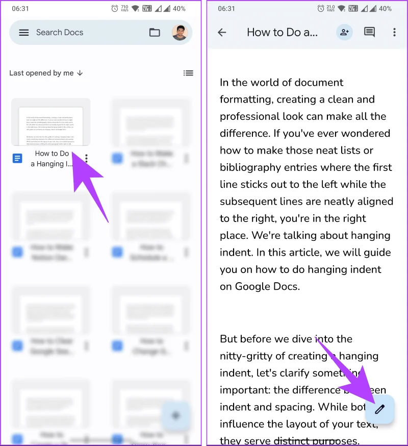 Comment faire un retrait suspendu sur Google Docs