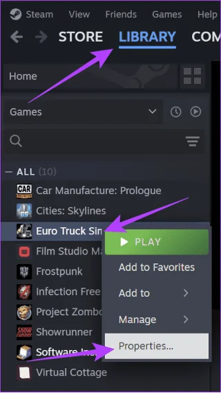 Proprietà del gioco su Steam