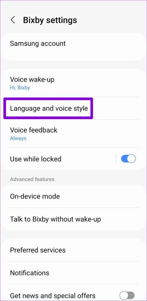 Impostazioni di lingua Bixby
