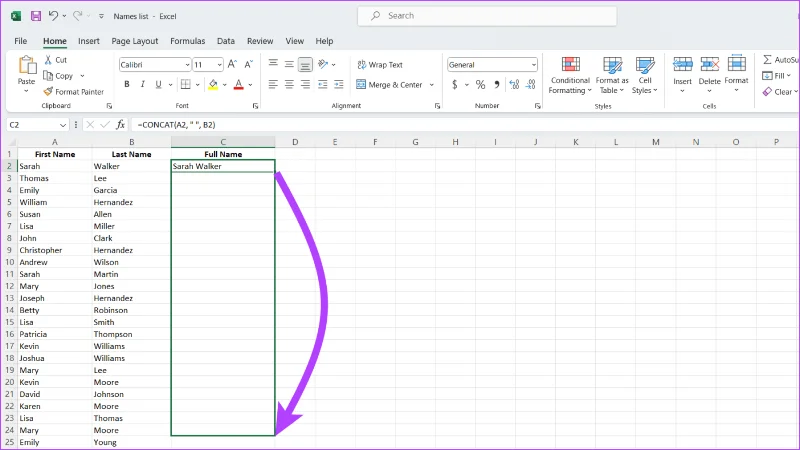 أفضل 6 طرق للجمع بين الأسماء الأولى والأخيرة في Microsoft Excel